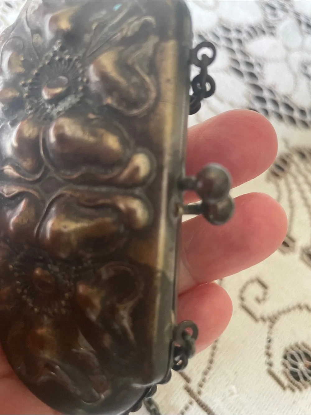 Art Nouveau Vtg Metal Coin Purse with Chain Coth Interior